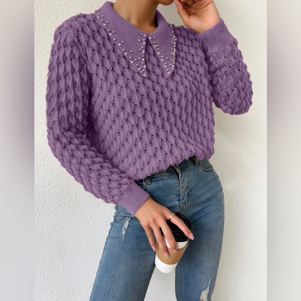 Purple Pointelle Knit Rhinestone Faux Pearl Sweater